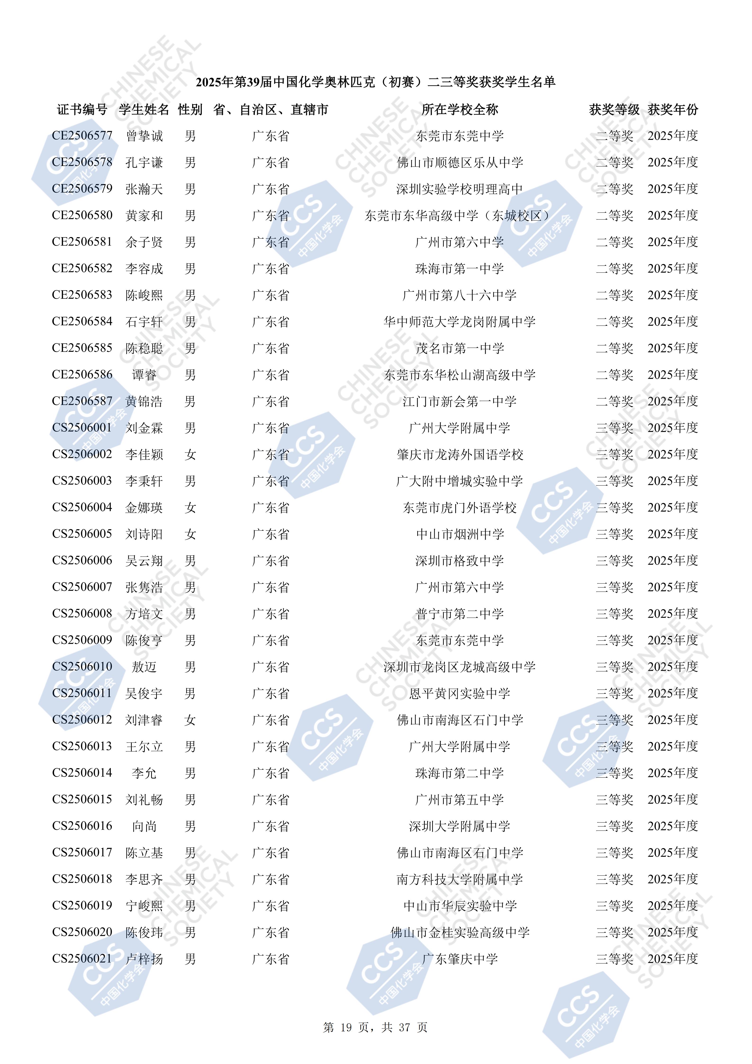 广东省2025年全国中学生化学竞赛初赛三等奖获奖名单